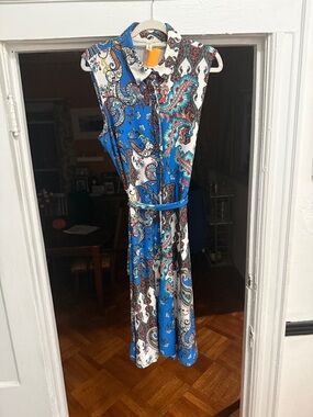 Tacera Blue White Paisley Midi Shirt Dress